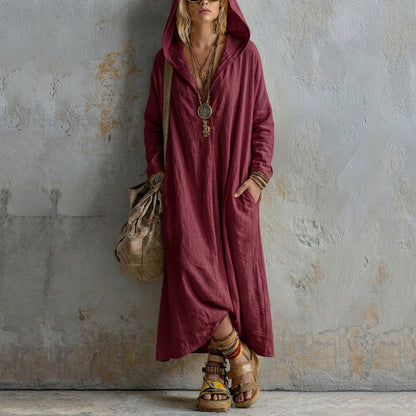 Soft Linen Hooded Maxi Kaftan Dress | Loose Boho Long Sleeve Cover Up