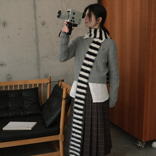 Knitted Striped Scarf Soft Faux Mink for Women