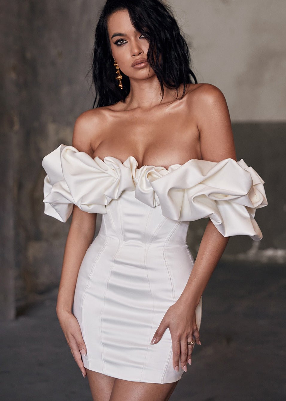 Off Shoulder Mini Dress White Lightweight Fabric