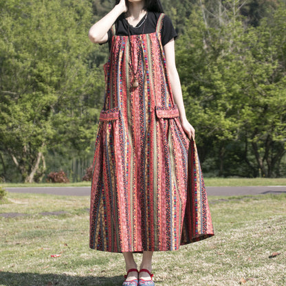 Spring And Autumn Ethnic Style Printed Cotton Hemp Strap Dress Loose Swing Large Pocket Long Dress