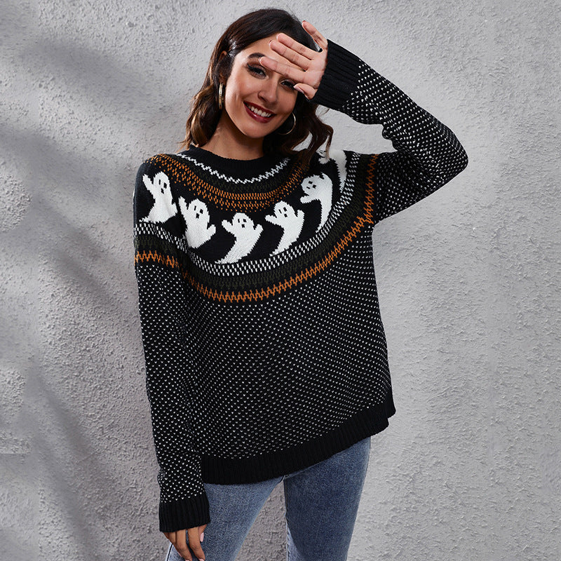 Halloween Ghost Vintage Polka Dot Long Sleeve Knitted Sweater Women'S Loose Wear