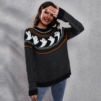 Halloween Ghost Vintage Polka Dot Long Sleeve Knitted Sweater Women'S Loose Wear