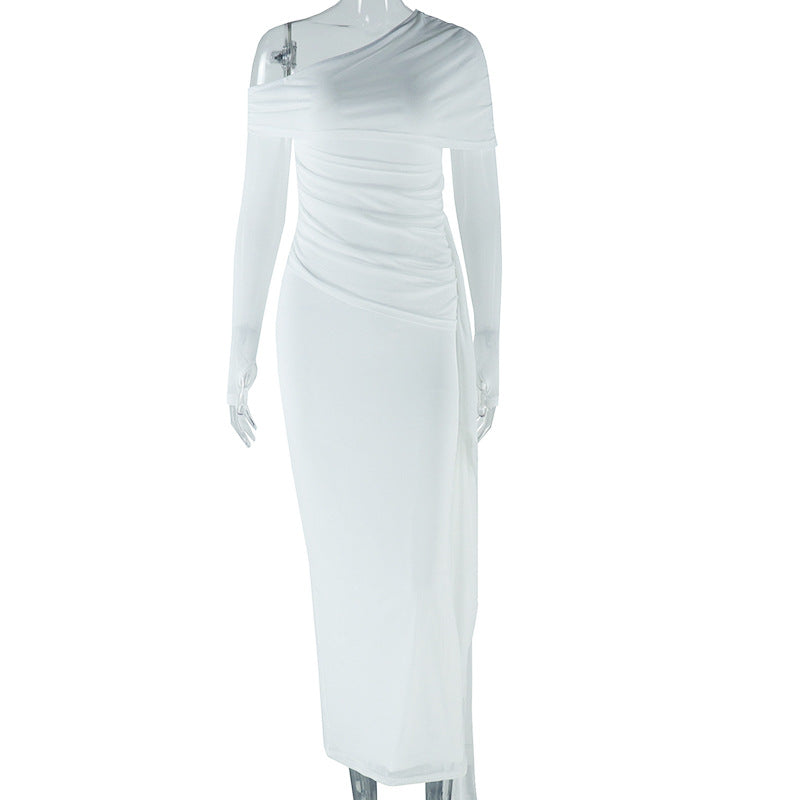 Solid Color Off-Shoulder Long Sleeve Dress With Sheer Mesh Insert