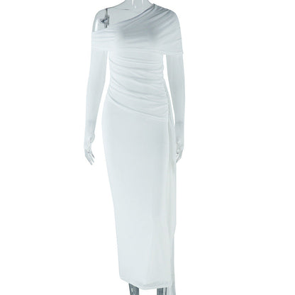 Solid Color Off-Shoulder Long Sleeve Dress With Sheer Mesh Insert