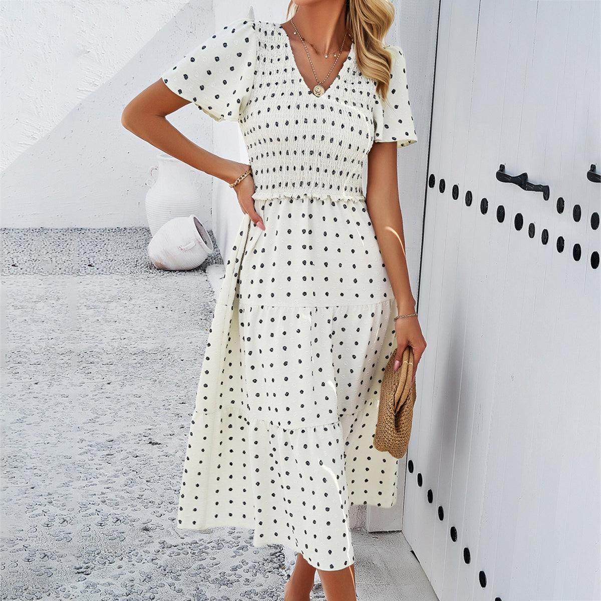 Polka Dot V-Neck Short Sleeve Dress Casual Elegant Polyester Dress