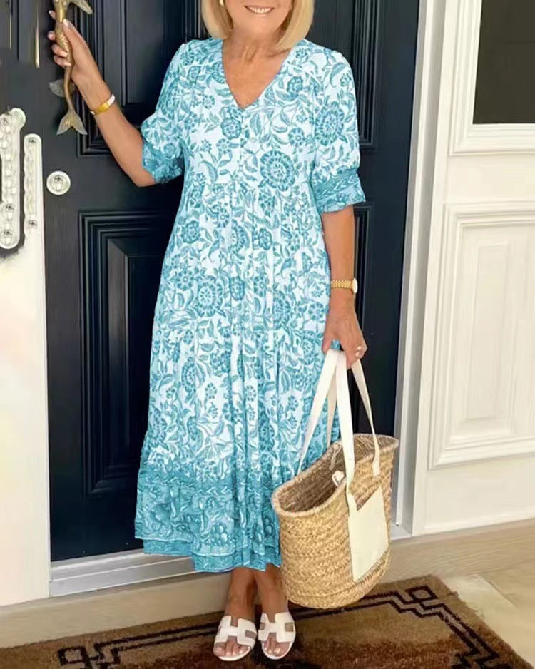V-Neck Floral Dress, Seaside Resort Beach Dress, Loose And Versatile Long Dress