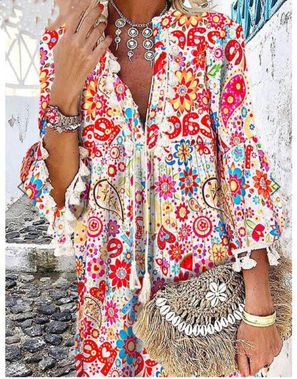 Printed V-Neck Pullover Fringed Ruffled Sleeve Dress
