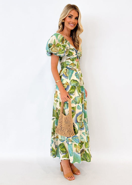 Floral Backless Puffy Sleeves Long Dress