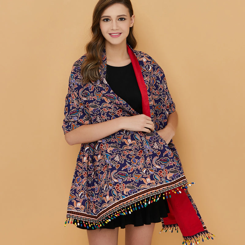 Tibetan Nationality Style Shawl Women'S Spring And Summer Sunscreen Anti Uv Travel Cloak Beaded Tassel