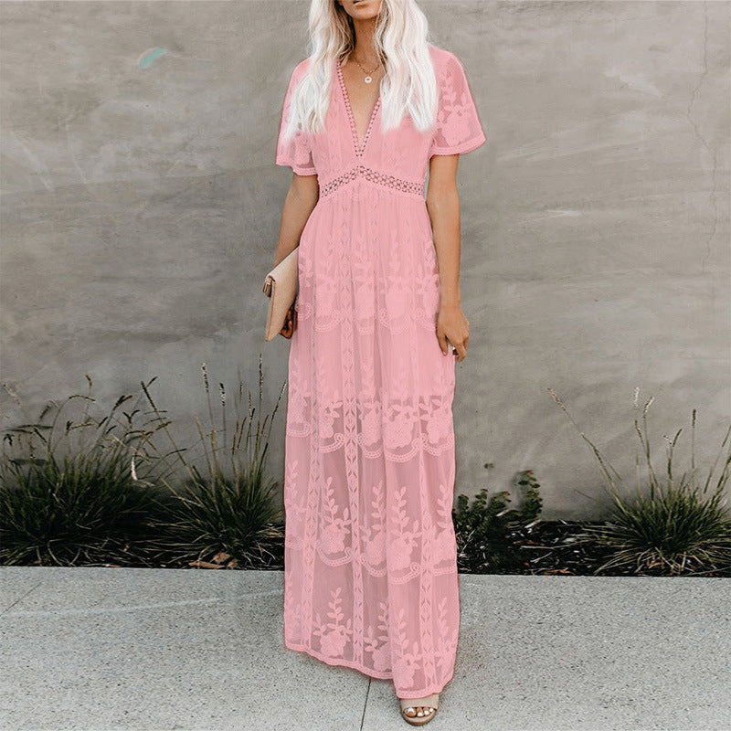 Lace Dress Sexy V-Neck Embroidered Solid Color Maxi Dress