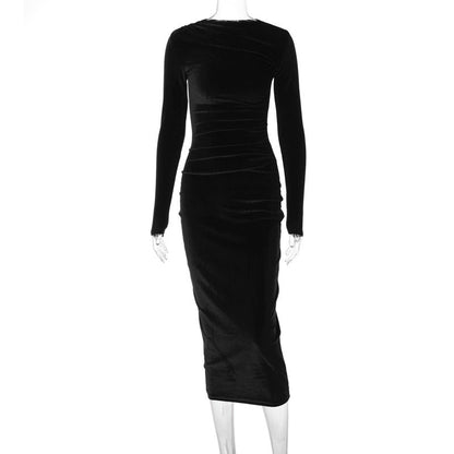 Elegant Solid Color Long Sleeve Dress with Ruching