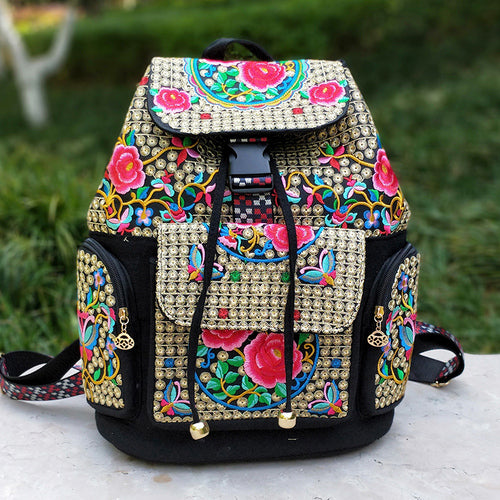New Embroidery Bag Ethnic Style Bag Women'S Large Capacity Canvas Backpack Travel Bag Fabric Art