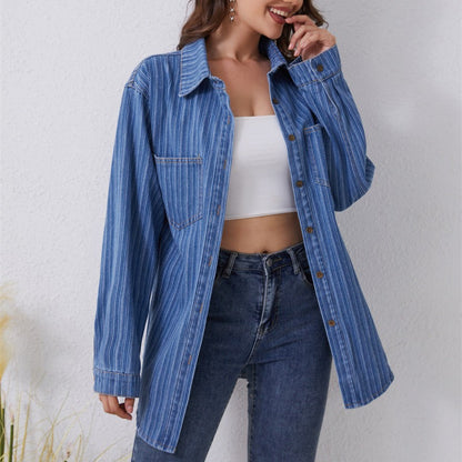 Trendy Casual Women's Denim Shirt with Pockets