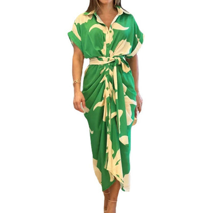 Women'S Printed Polo Collar Short Sleeve High Waist Long Shirt Dress