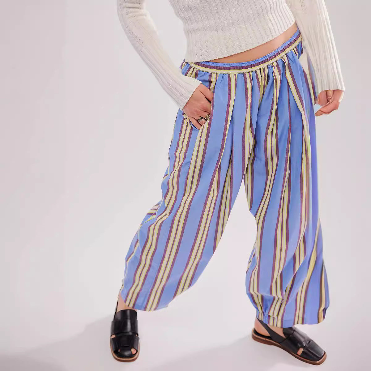 Casual Elastic Waist Color Block Striped Pants