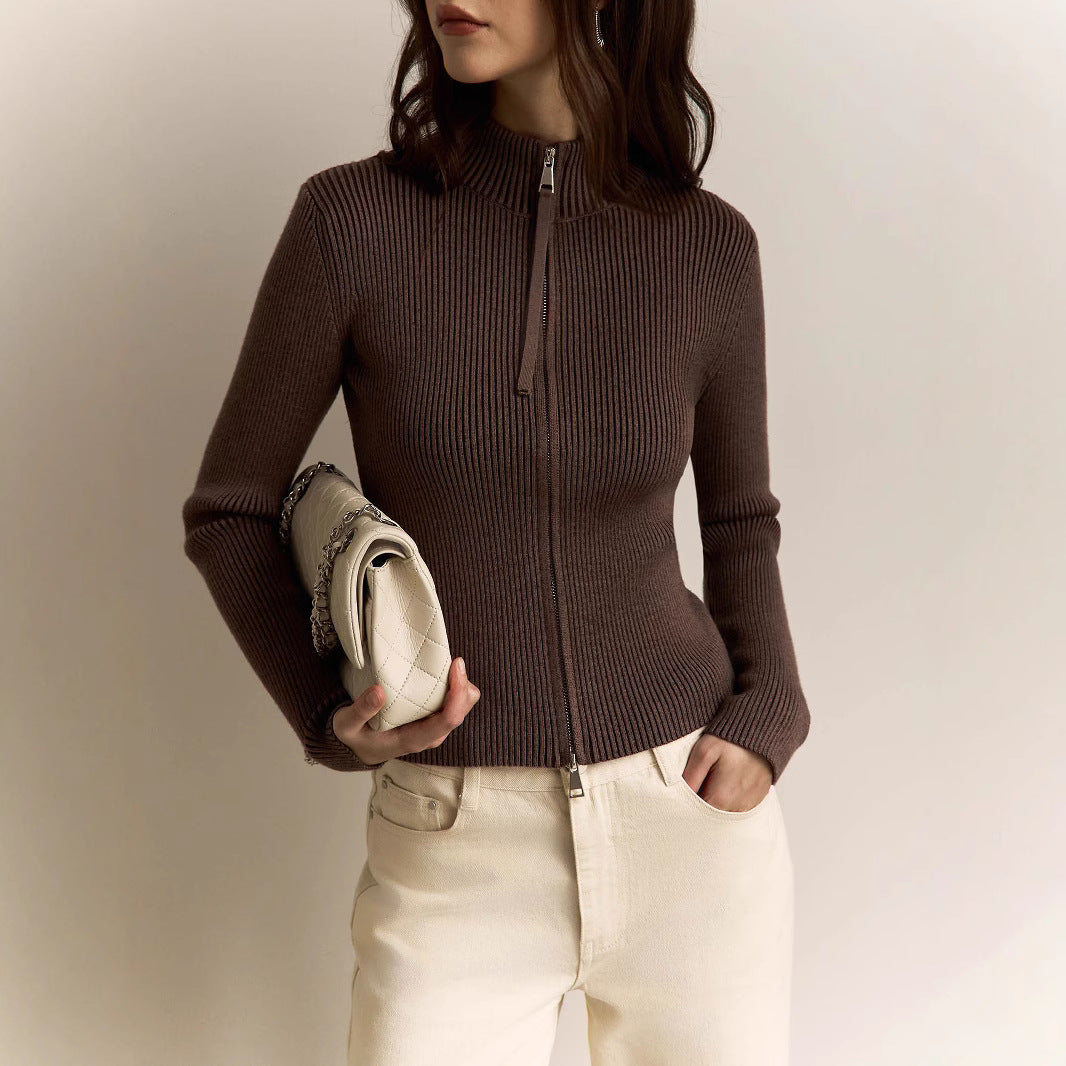 Sexy Stand-Up Collar Ribbed Long Sleeve Top
