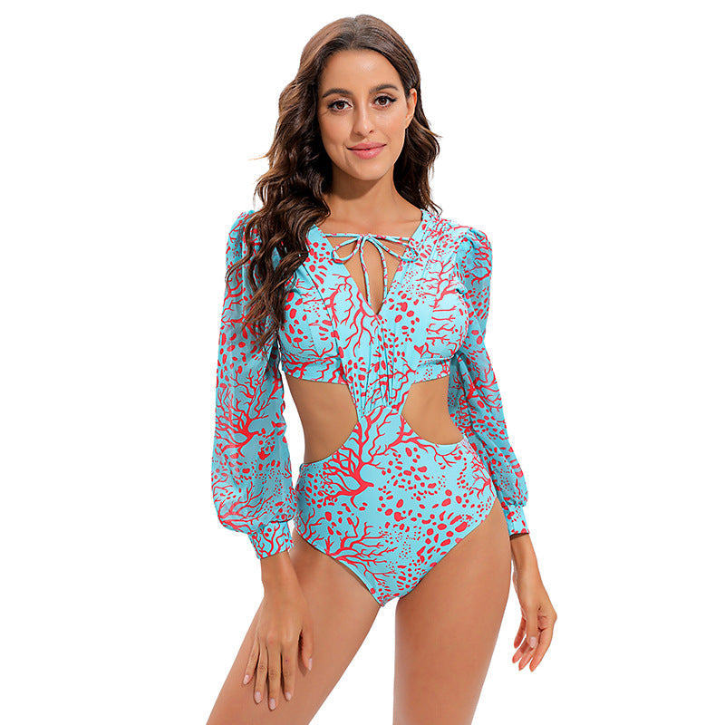Swimsuit Backless Long-Sleeved One-Piece Swimsuit High Waist Lace-Up V-Neck Swimsuit Women Bikini