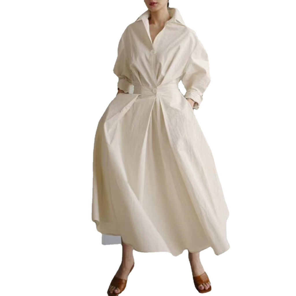 Cotton And Linen Net Color Lapel /Polo Collar Shirt Sleeve Elastic Waist Big Swing Dress