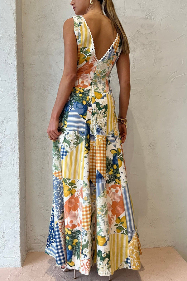 Summer Sleeveless Large V-Neck Large Swing Printed Casual Dress