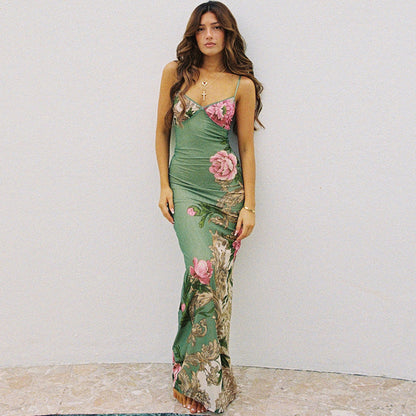 Suspender V-Neck Print Sexy Slim Dress Summer Vacation Style Hot Girl Backless Dress Women