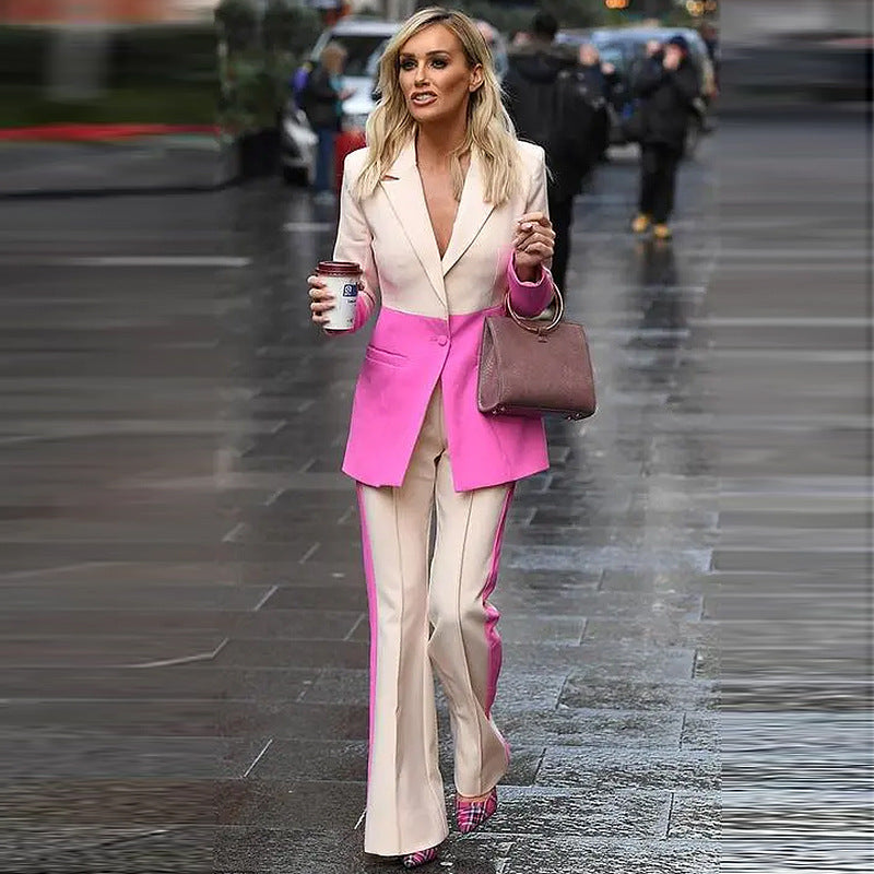 Trendy Color Block Blazer And Flared Pants Set