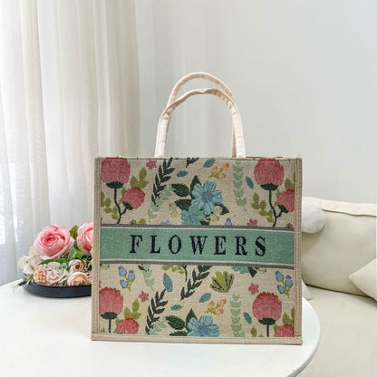 Embroidered Lily Flower Tote Bag Stylish High-Quality Linen Handbag