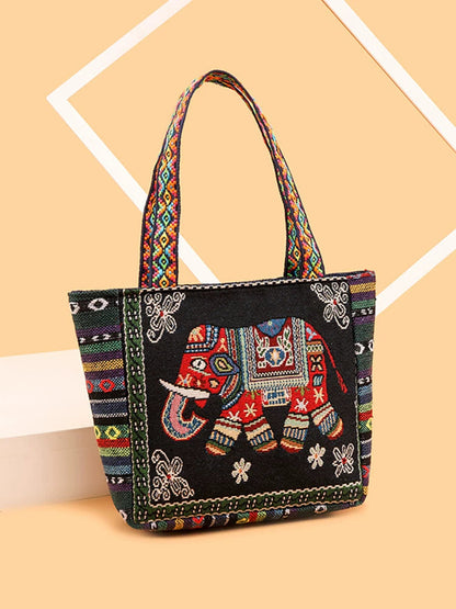 Tote Bag Women'S Bag Going Out Canvas Bag Double-Sided Casual Embroidery Large-Capacity Handbag Ethnic Style Small Square Bag