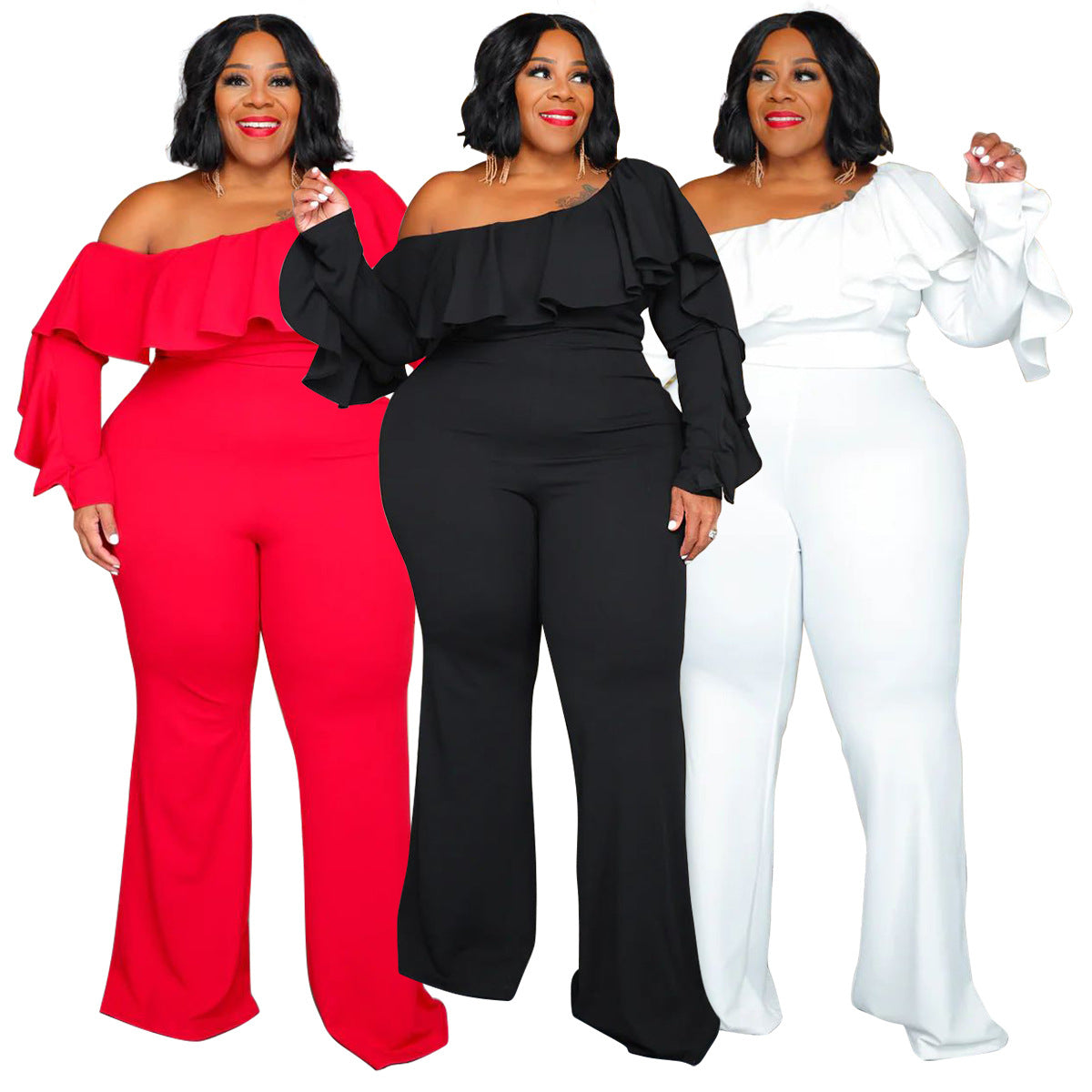 Plus Size Solid Color Off-Shoulder Jumpsuit For Women