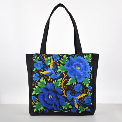 Ethnic Style Embroidered Shoulder Bag With Large Capacity Women'S Tote Bag, Canvas, National Style Peony Handbag, Shopping Bag