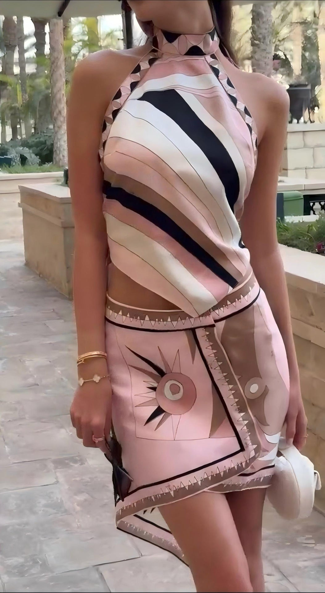 Sexy Satin Halter Neck Backless Top With Irregular Skirt And Shorts Set