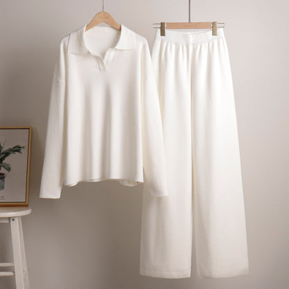 Knitted Sweater Set with Polo Neck and Wide Leg Pants for Casual Style