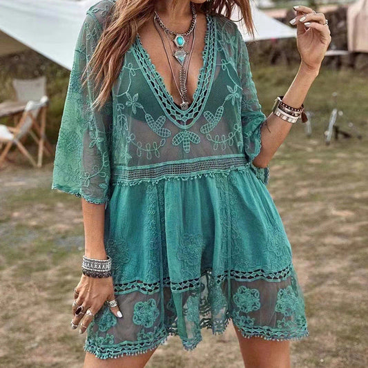 Solid Color Beach Bikini Sexy Lace Beach Skirt With Sun Protection Cover