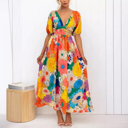 French Floral Puff Sleeve V Neck Maxi Dress
