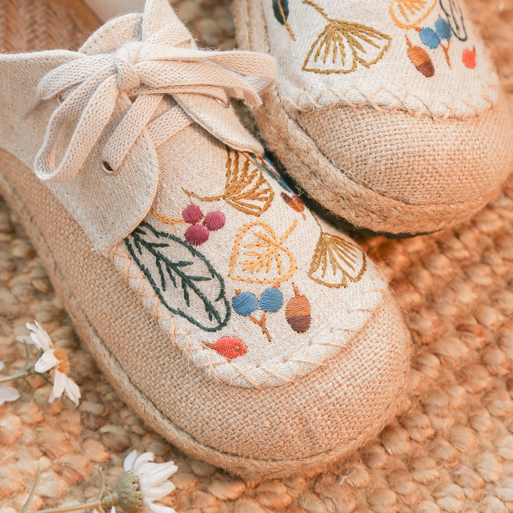 New Autumn Literary Linen Casual Shoes Women'S Ethnic Style Embroidered Lace Up Cotton Linen Cloth Shoes