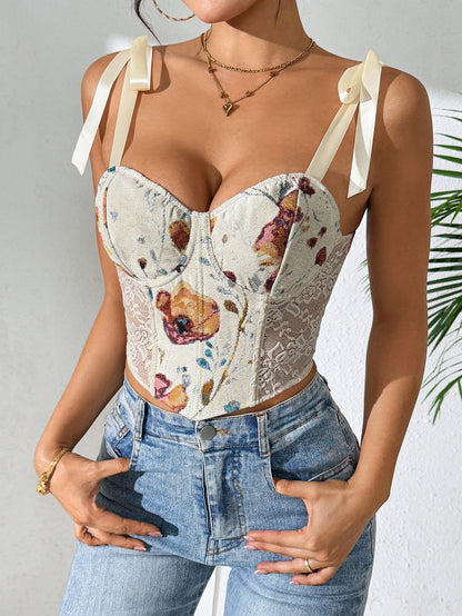 Sexy Floral Print Corset Crop Top With Adjustable Straps