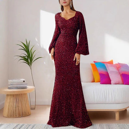 Elegant V-Neck Sequin Midi Dress With Flare Sleeves