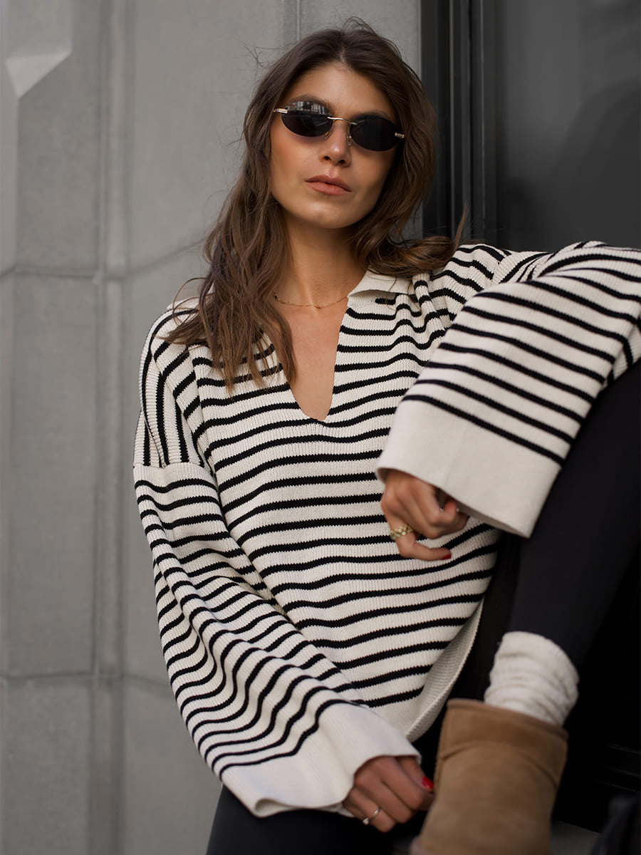 Black Striped Polo Sweater Casual Loose Knit Top