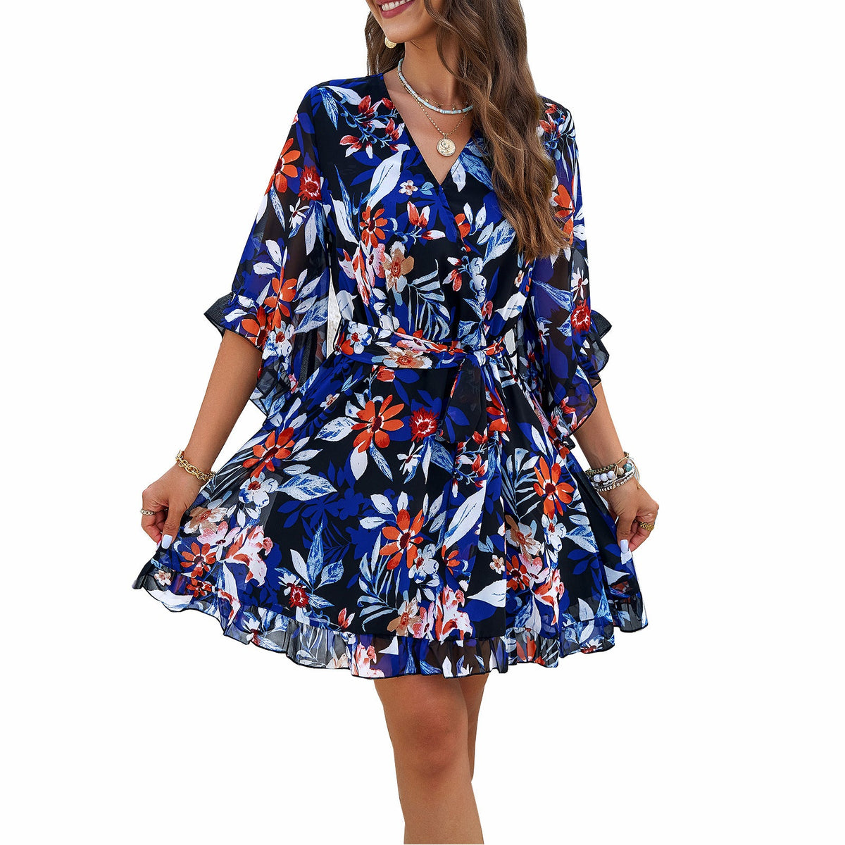 Floral Print Chiffon Dress With Tie Waist