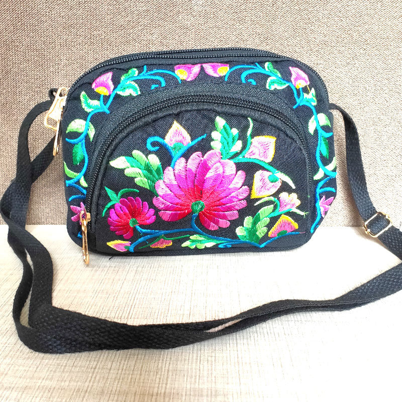New Ethnic Style Embroidery Bag Women'S Embroidery Crossbody Three-Layer Zipper Shoulder Bag