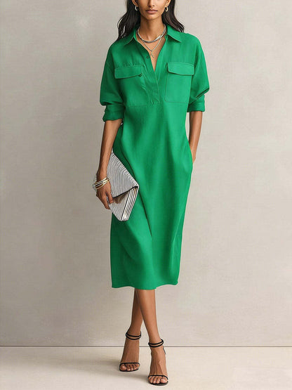 Linen Blend Shirt Midi Dress