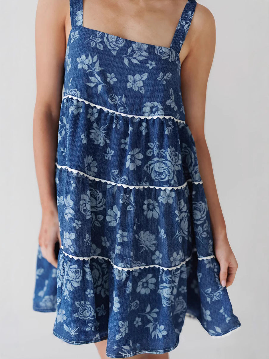 Backless A-Line Denim Dress with Pleats and Pockets