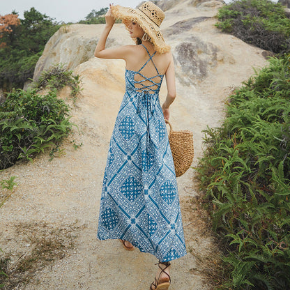 Women'S Summer New Lace-Up Backless Slip Dress Vintage Blue Midi Vacation Dress