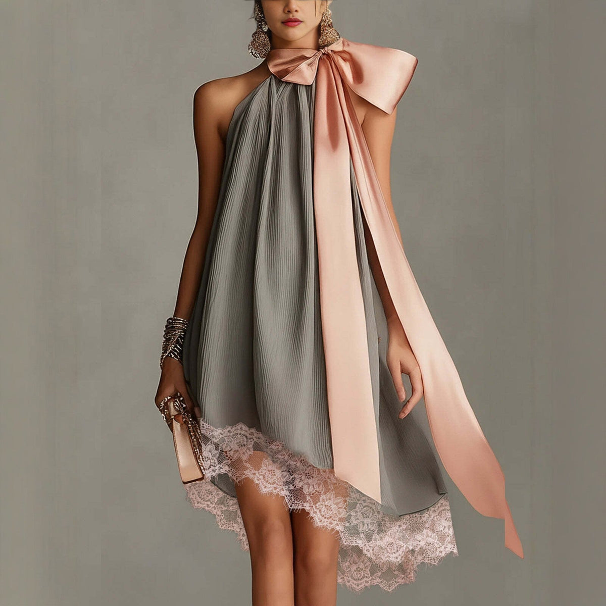 Grey Crinkle Halter Satin Big Bow Lace Hem Mini Dress