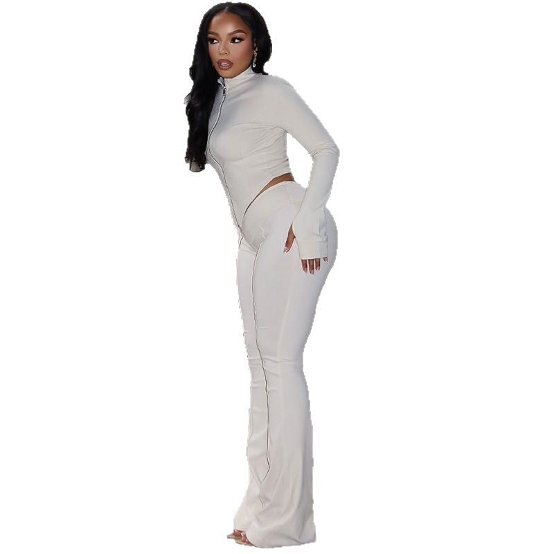 Fitted Cropped Top And Loose Fit Pants Set With Zipper