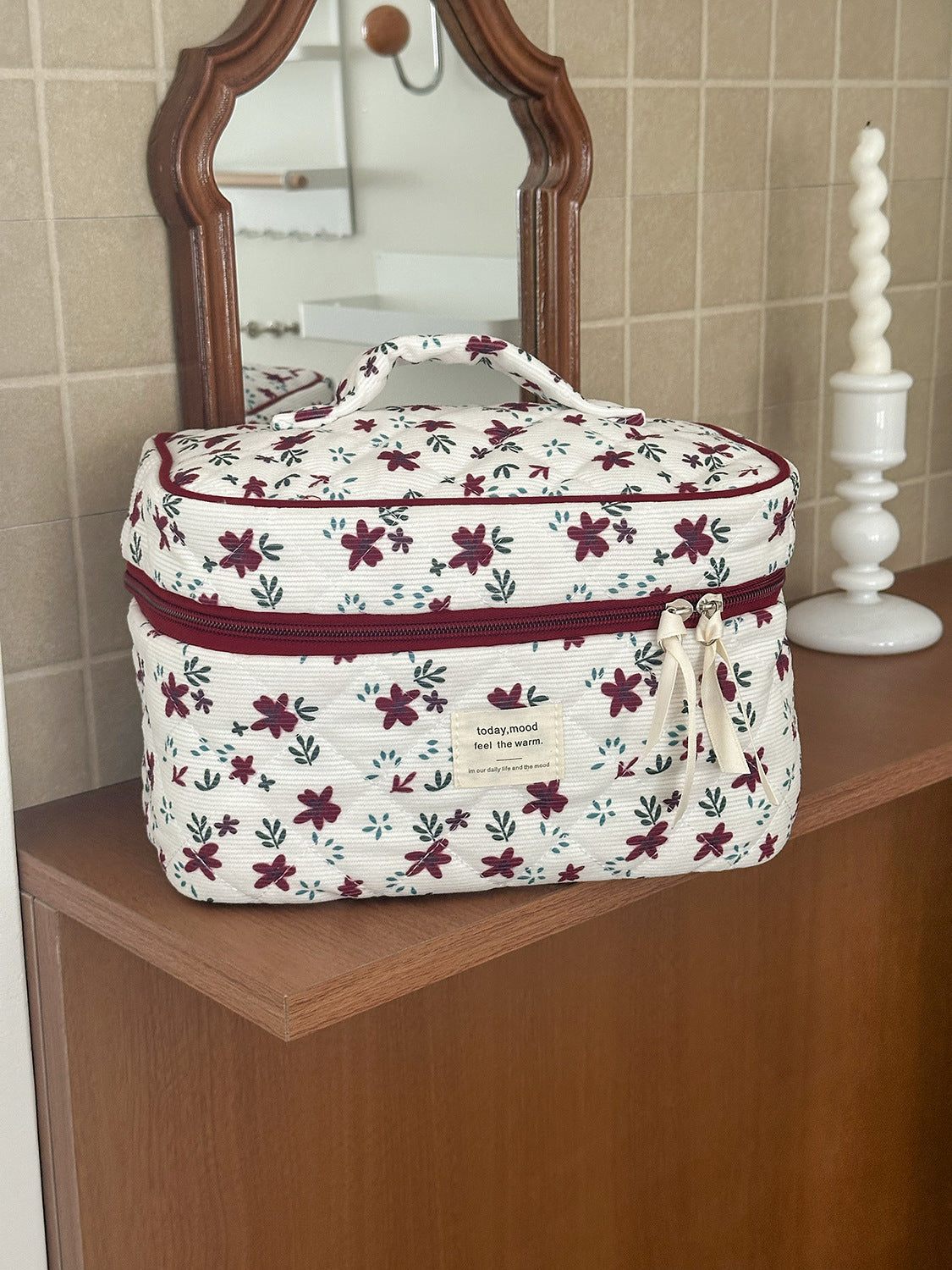 Burgundy Floral Corduroy Makeup Bag Large Capacity Travel Organizer
