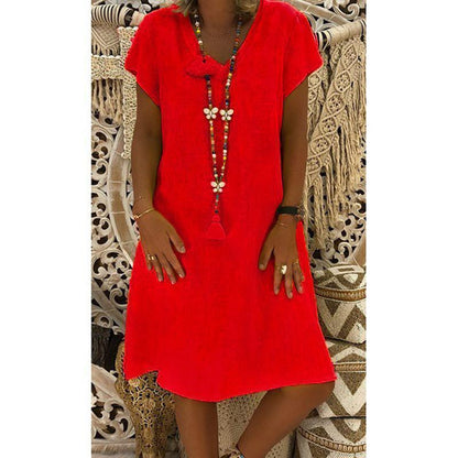 Short Sleeve Medium Skirt V-Neck Dress