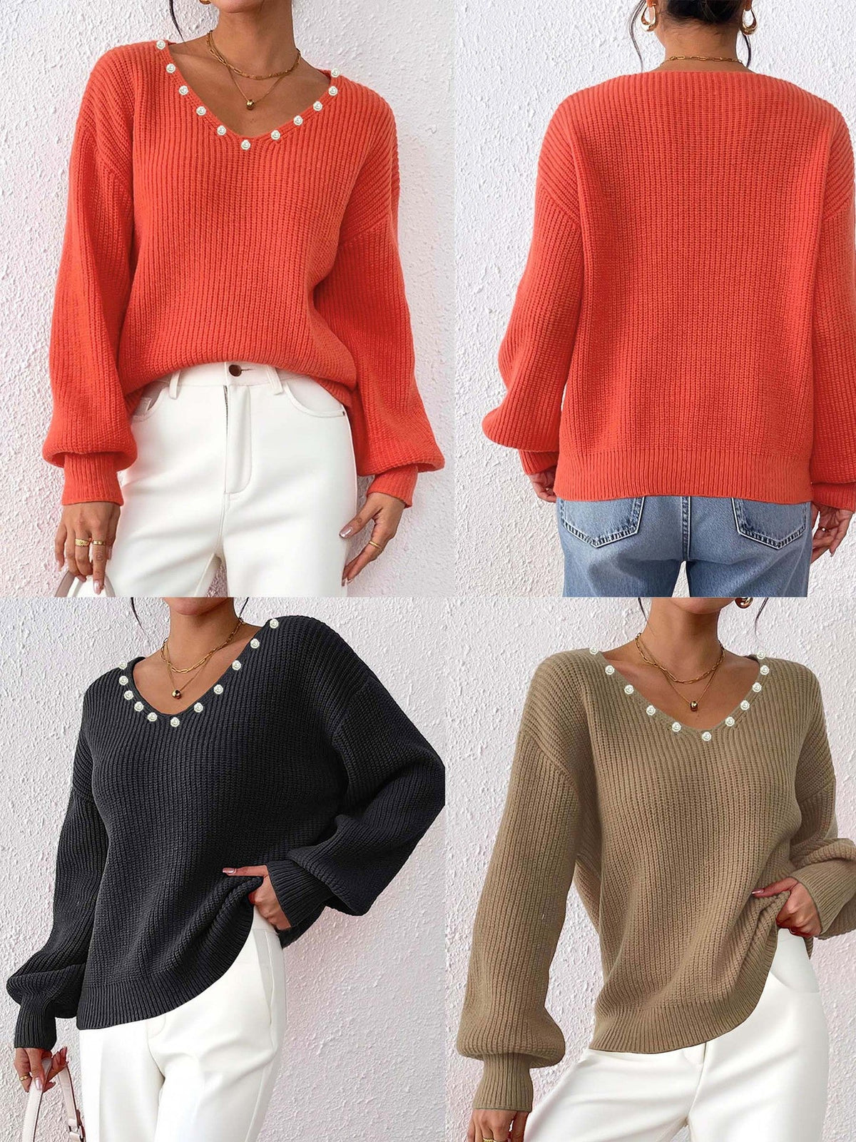 Loose Fit Pearl V-Neck Sweater For Women Casual Street Style