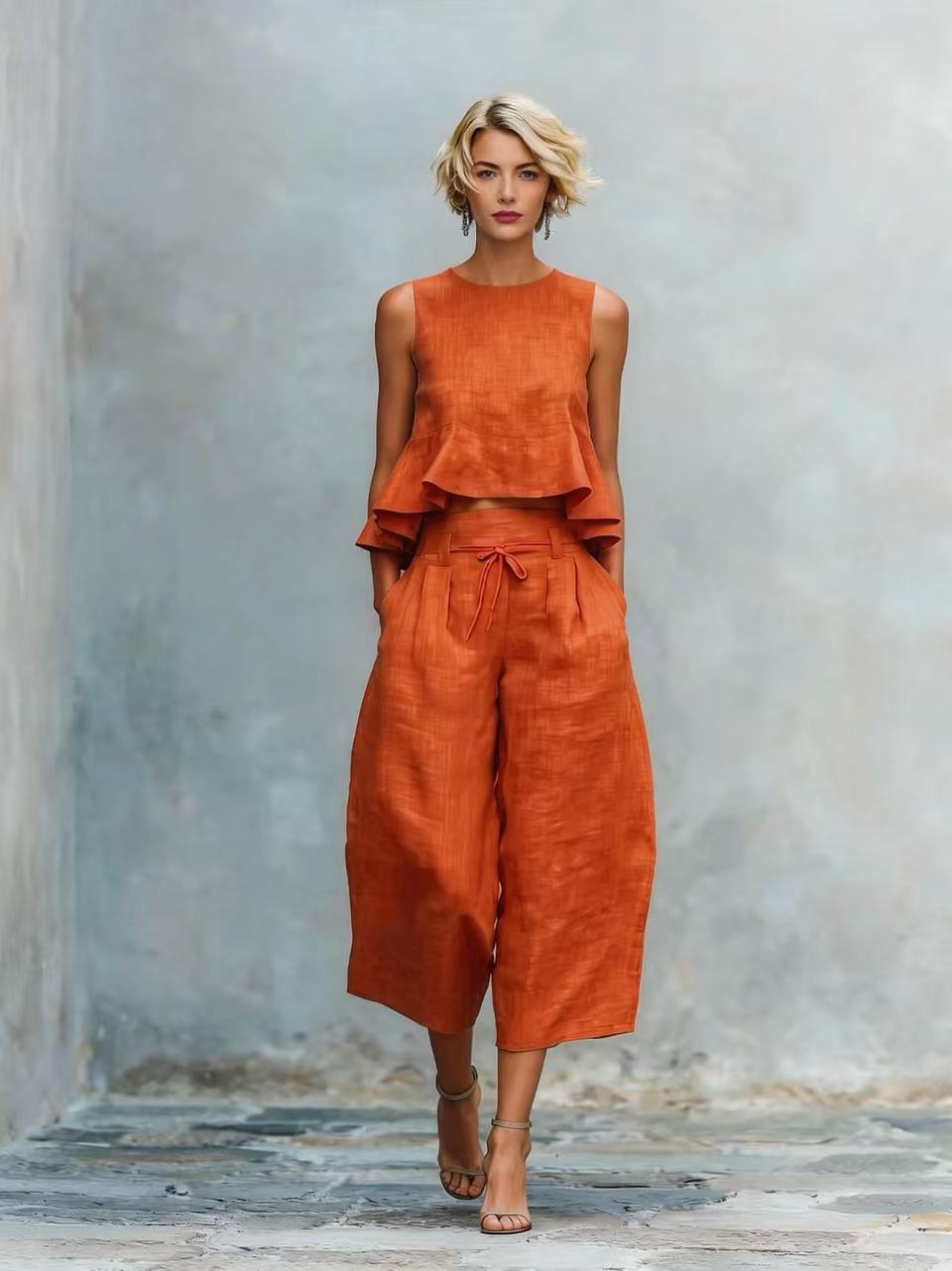 Linen Ruffle Crop Top Tie Waist Culotte Two Piece Set