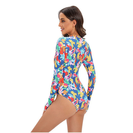 Women'S One Piece Long Sleeve Surfwear Multicolor Print Zip Swimsuit