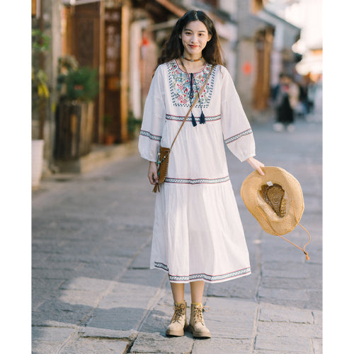 Ethnic Style Embroidered Dress, Heavy Embroidery, Sun Protection, Long Sleeve, Vintage Loose Dress
